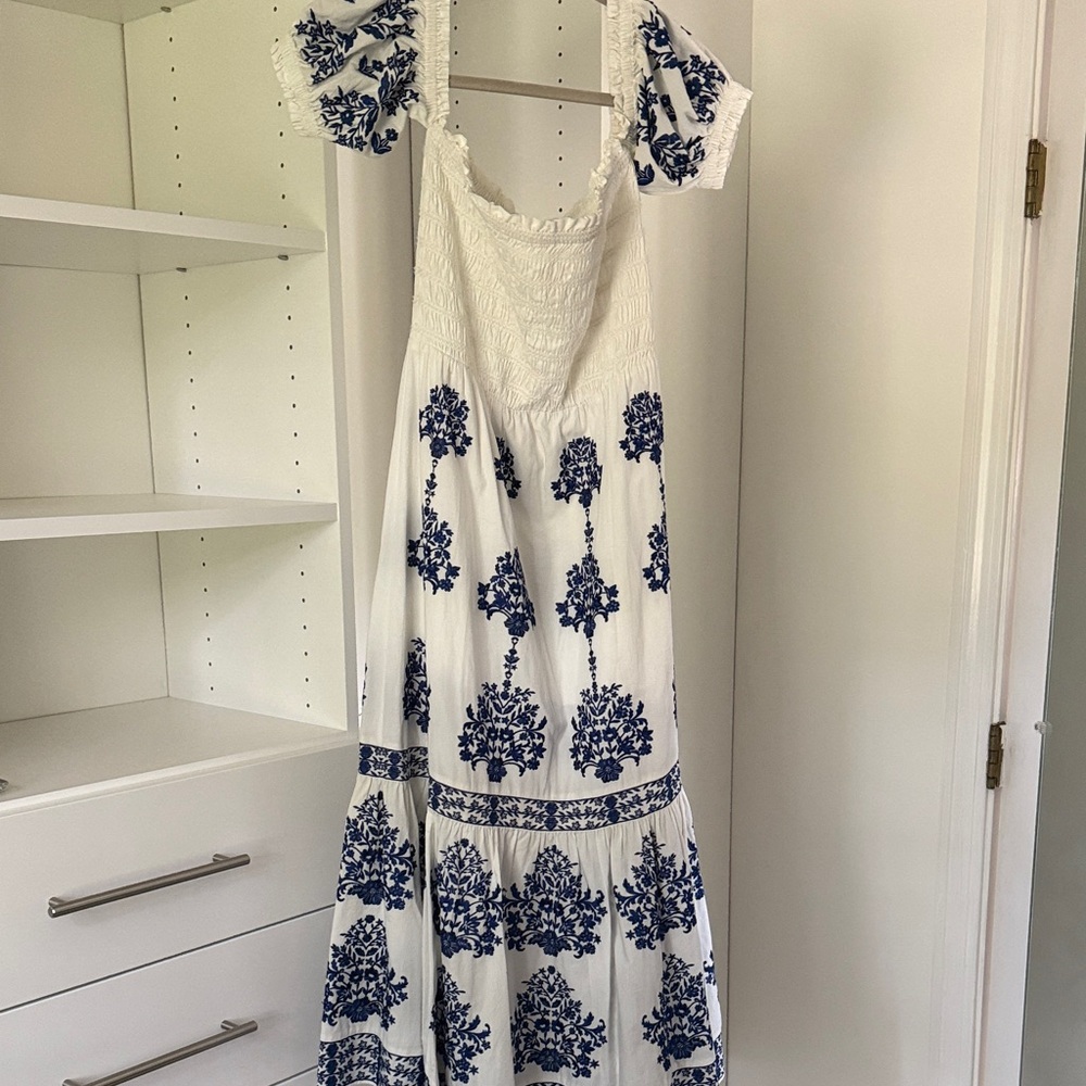 INTERMIX White Maxi Dress with Blue Floral Design